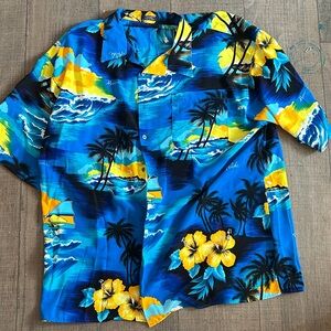 Vintage y2k 90s Tropical Blue and Yellow Casual Button Down Shirt